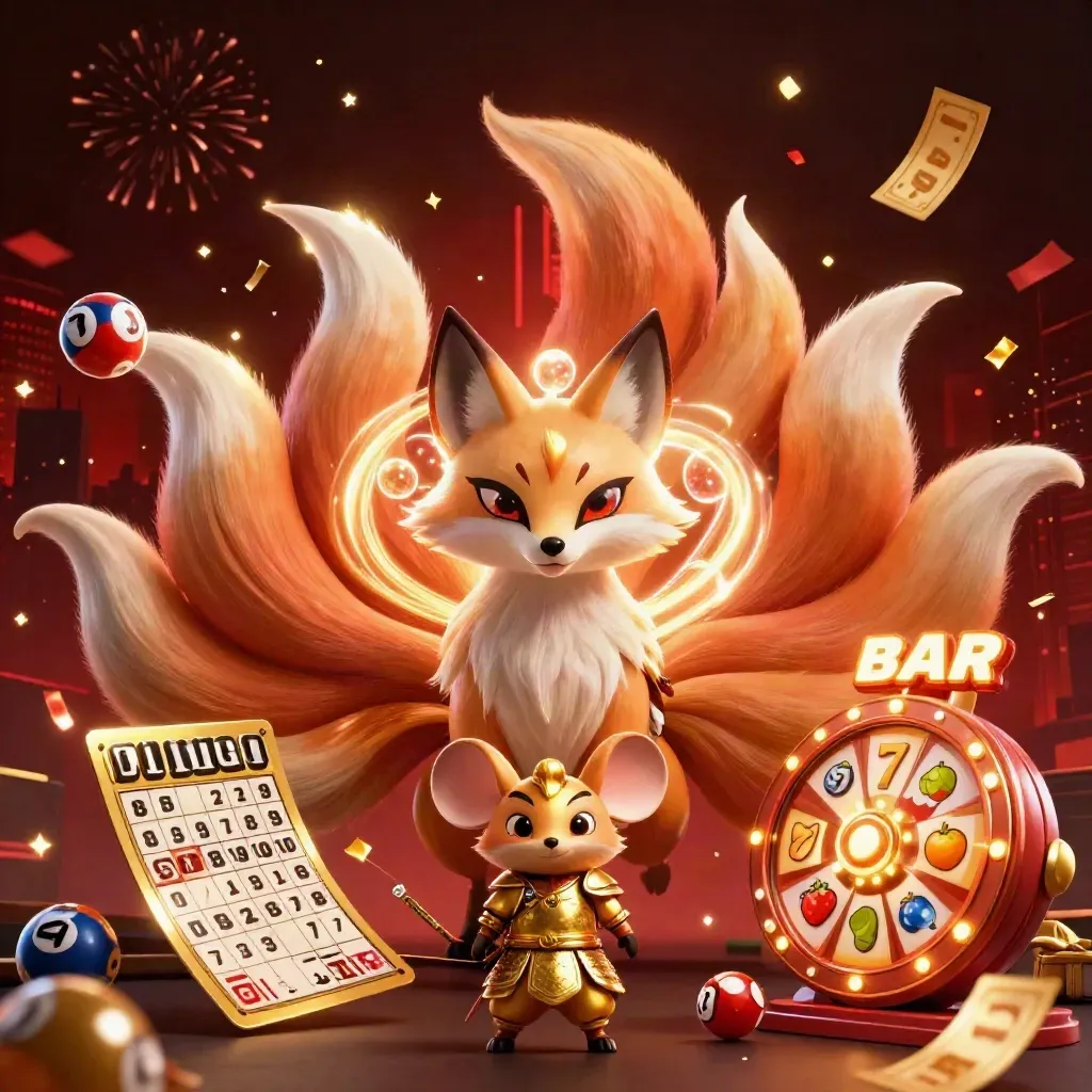 Fox spirit and samurai mouse amid casino bursts, reels, balls, confetti, and glowing city lights.