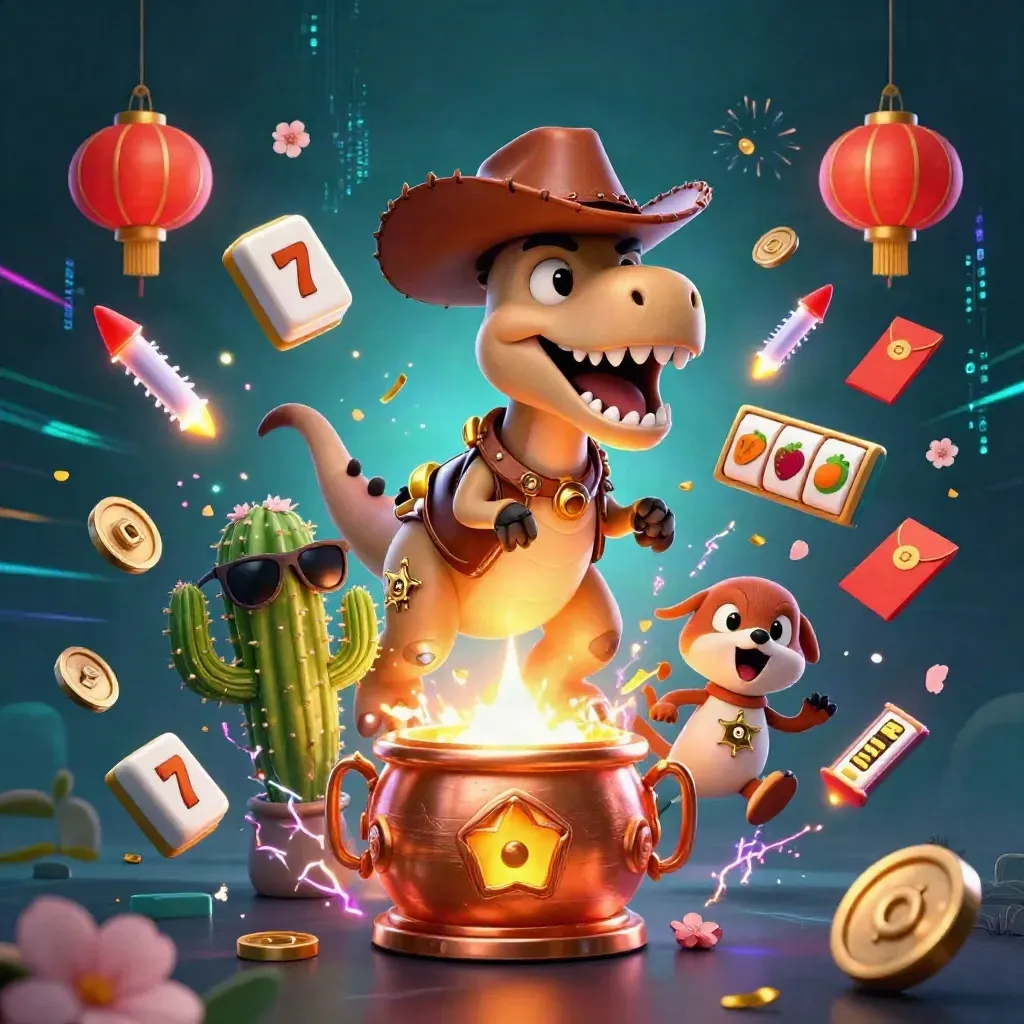 Cowboy T-Rex trio bursting from a copper lantern with casino effects in dark teal light.