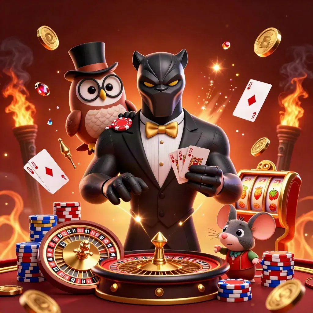 Panther dealer, owl, and lucky mouse amid gold coins, cards, chips, and spinning roulette.