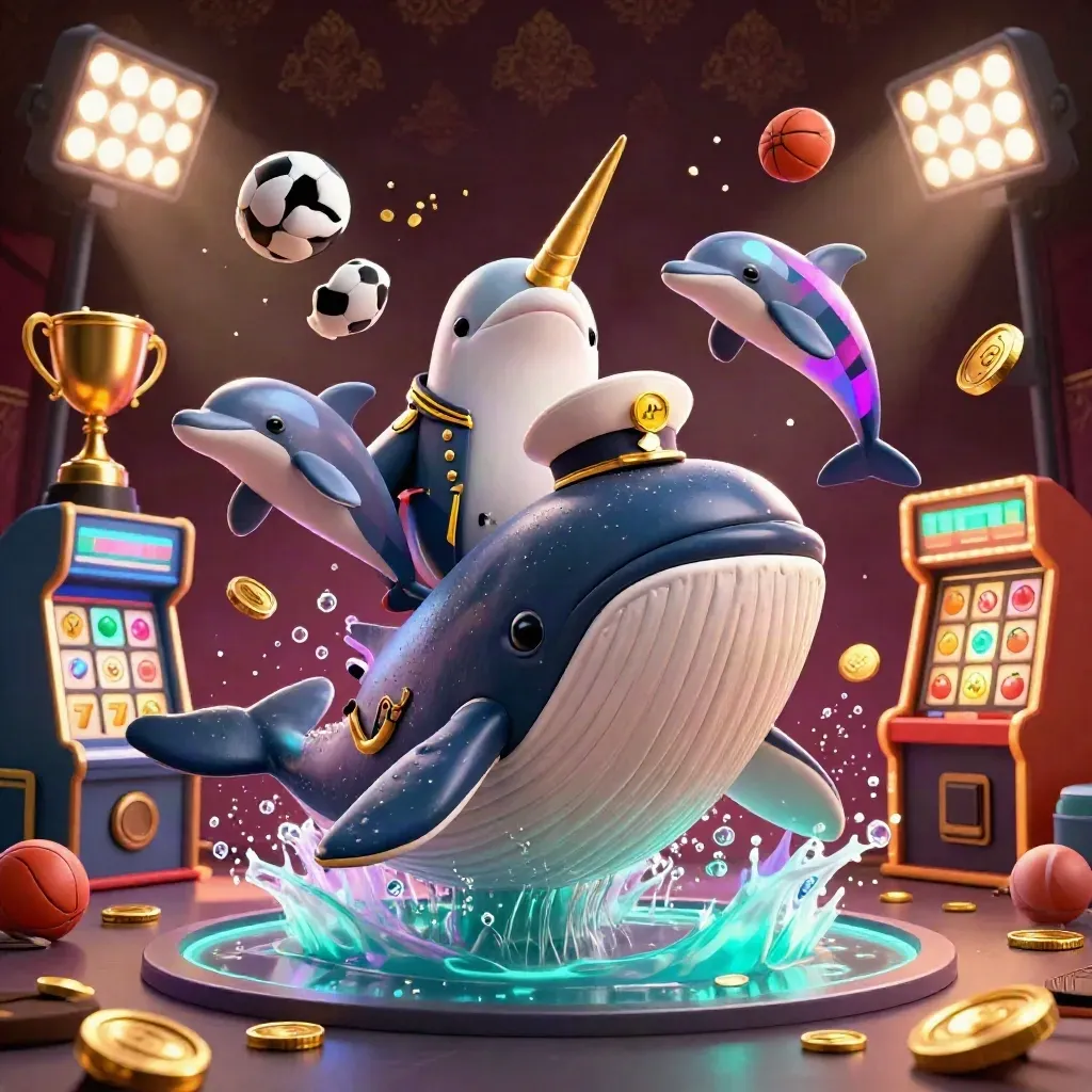 Whale captain, narwhal, and dolphins erupt from coins with casino props on a dark damask backdrop.