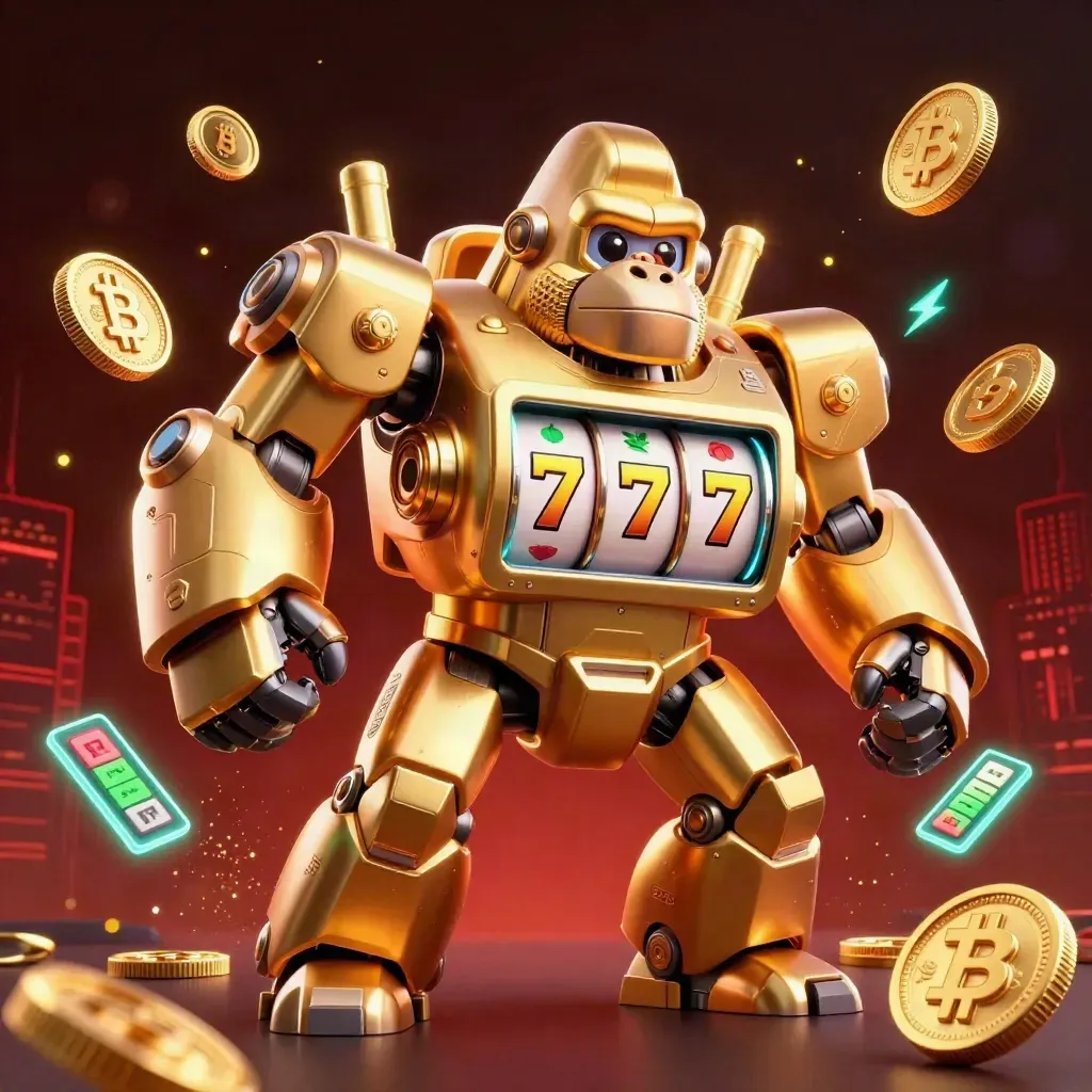 Golden gorilla slot-mech with tiny monkey pilot, neon coins, and casino energy on a dark red backdrop