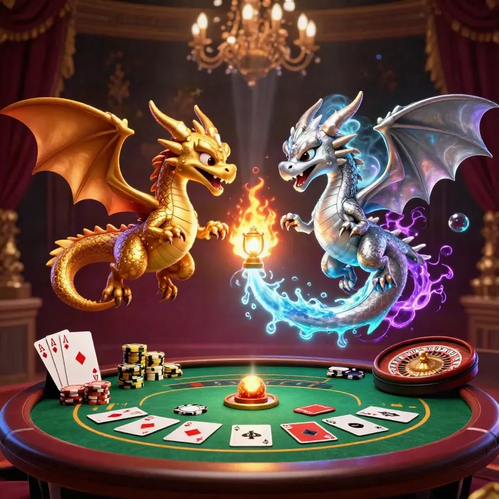 Gold and silver dragons swirl above casino chips, cards, and a glowing lantern spirit.