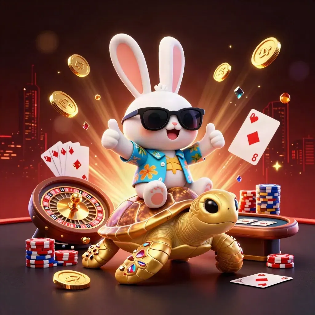Lucky rabbit rides a golden turtle amid chips, cards, coins, and neon casino sparks.