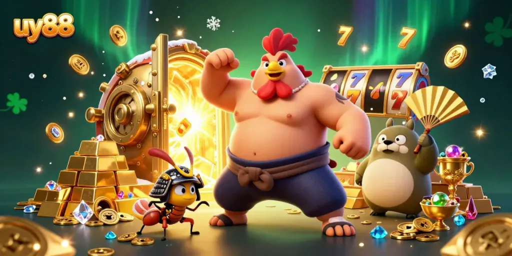 uy88 slots gameplay featuring a powerful sumo rooster and fierce samurai cricket in a vibrant casino scene