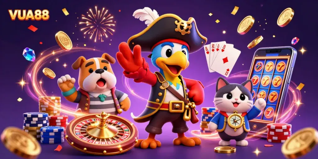VUA88 casino illustration featuring a pirate captain and companions amidst golden coins and casino elements.