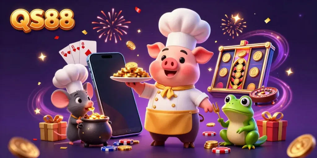 Experience the thrill of gaming at QS88 with a chef pig serving golden coins in this vibrant casino scene.