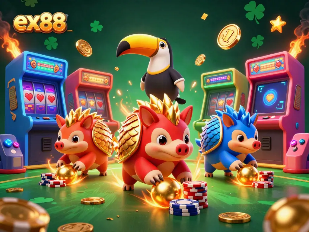 Ex88 pangolins bowl through poker chips, showcasing vibrant gaming elements.