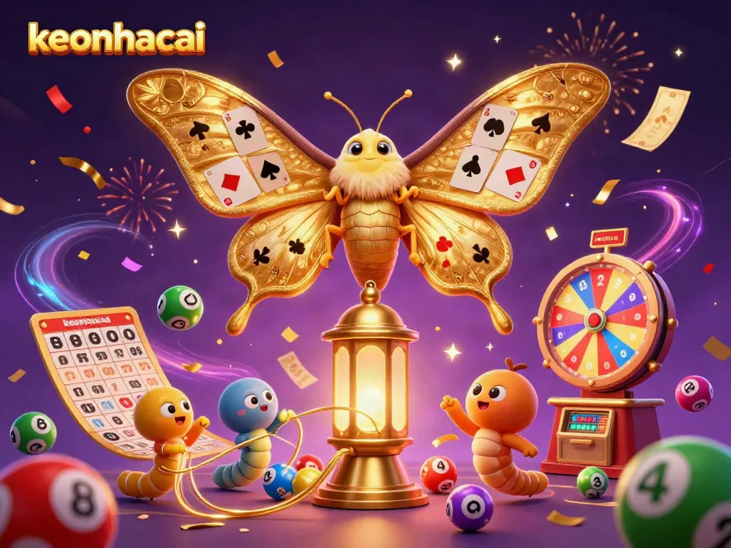 Engage with the thrilling keonhacai casino scene featuring vibrant lottery elements and a majestic moth.