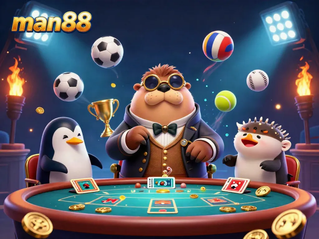 Win big with man88 at an underwater poker table surrounded by dynamic sports elements and festive casino atmosphere.