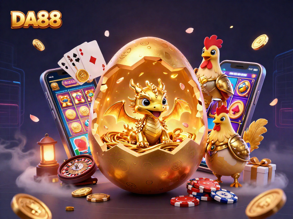 Engage with DA88 as a colossal golden egg reveals a baby dragon in a vibrant casino atmosphere.