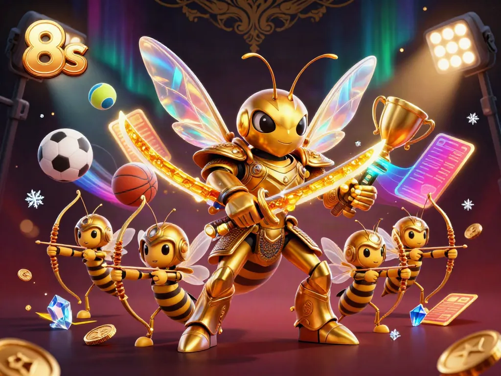 Experience excitement with the 8s gaming hornet wielding katanas, surrounded by dynamic sports betting elements.