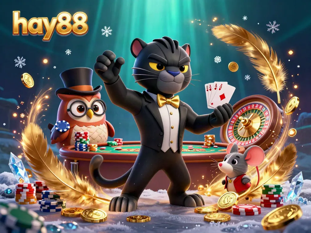 Experience the excitement of hay88 with a vibrant 3D illustration showcasing smartly dressed characters and thrilling casino elements.