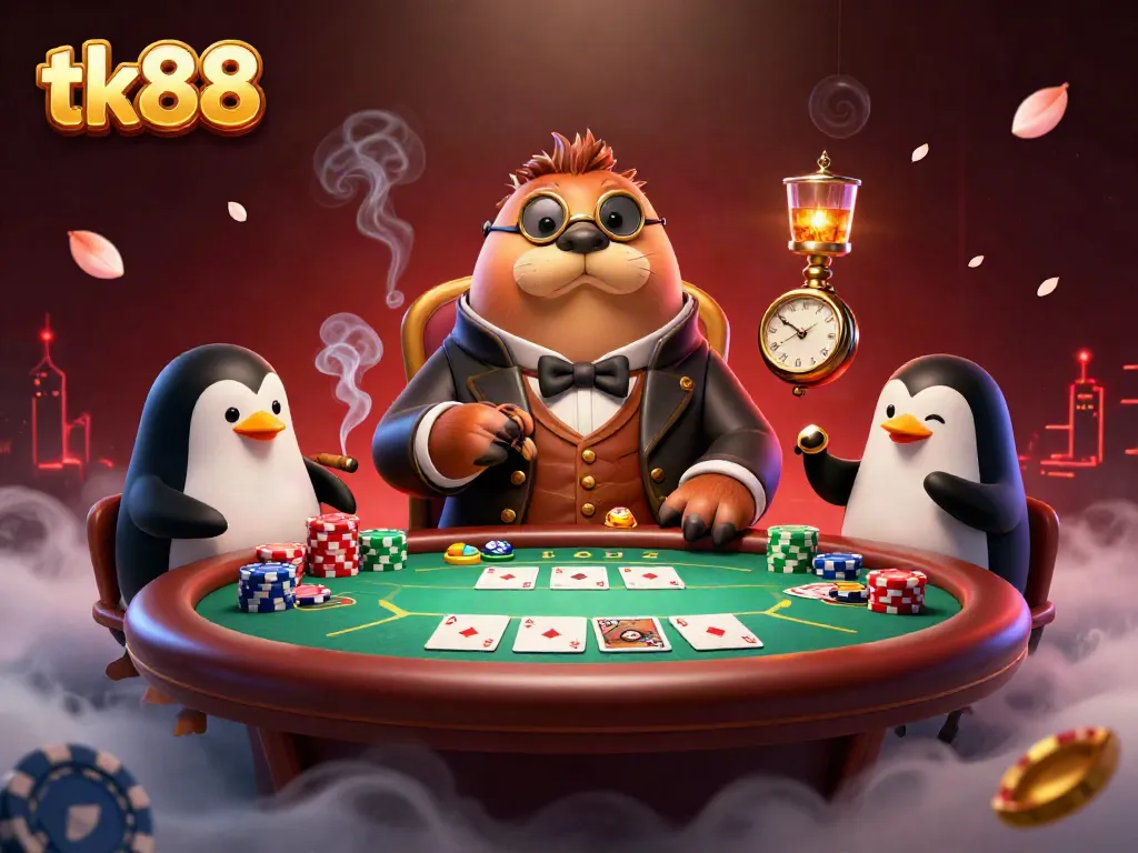 Experience thrilling poker action with tk88 in this dynamic 3D illustration showcasing a walrus, penguin dealer, and bluffing pufferfish.