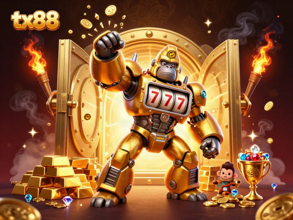 Experience thrilling action with tx88 as the golden gorilla mech bursts through a treasure vault.