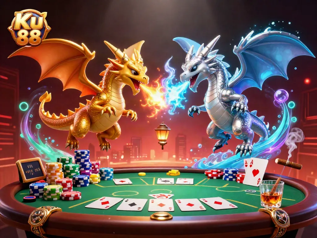 Experience thrilling moments with Ku 88's vibrant casino scene featuring fiery dragons and poker action.