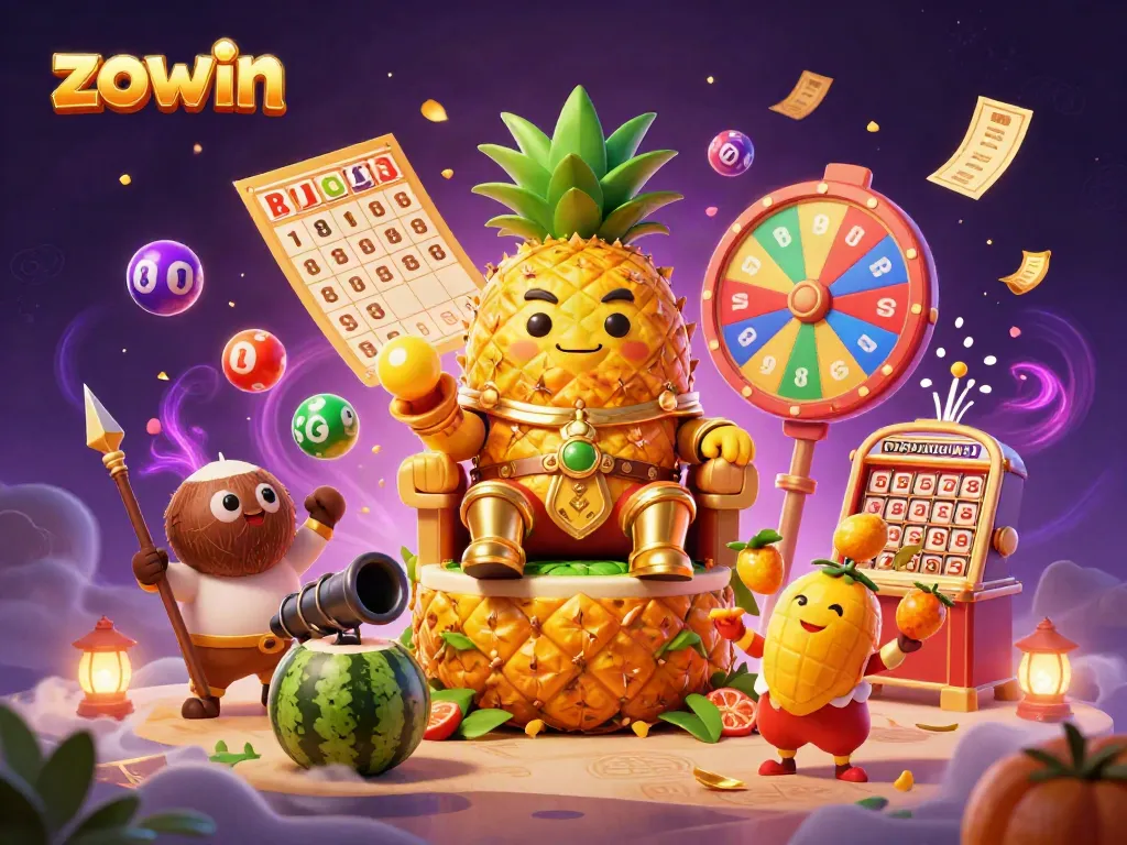 Zowin casino illustration featuring a golden pineapple king surrounded by vibrant lottery elements, engaging gameplay.