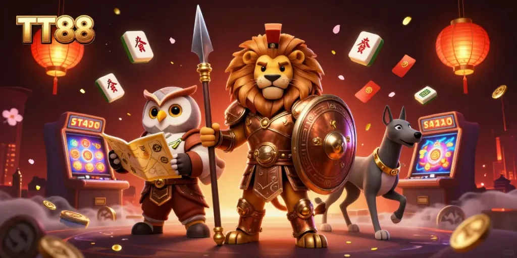 Experience the excitement of TT88 with a captivating 3D illustration showcasing a Spartan lion, owl, and greyhound amid a rich casino scene.