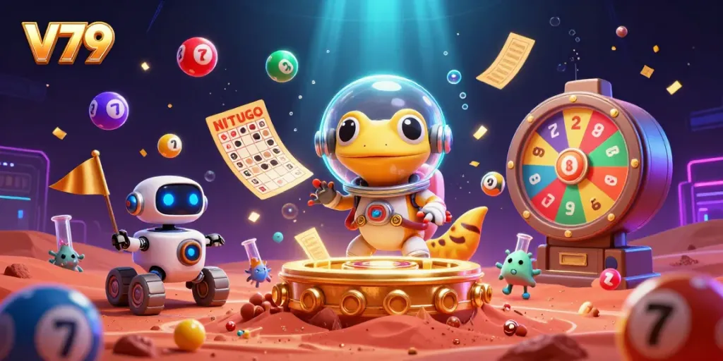 Join the excitement at V79 with a vibrant scene featuring a Martian gecko exploring a golden casino in a dynamic space.
