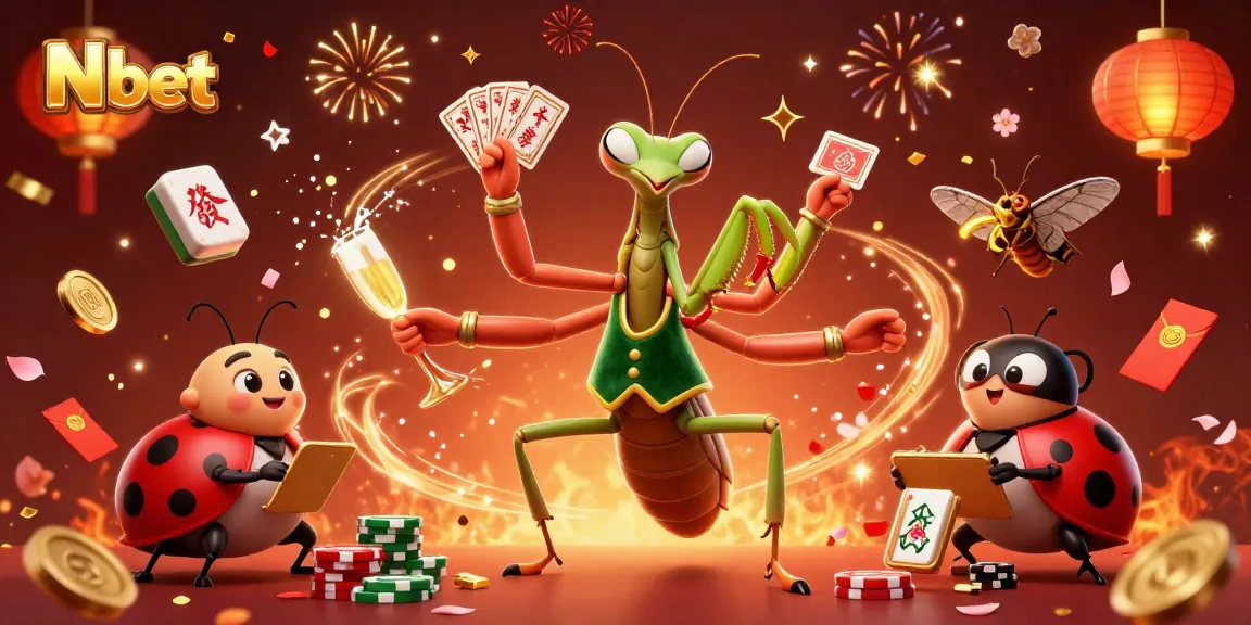 N bet presents a vibrant 3D casino scene with a mantis card shark and ladybug pit boss amid festive gaming elements.
