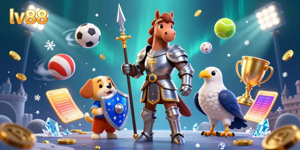 Engage with lv88's thrilling casino adventure featuring a knight, puppy, and falcon amidst lottery gaming elements.