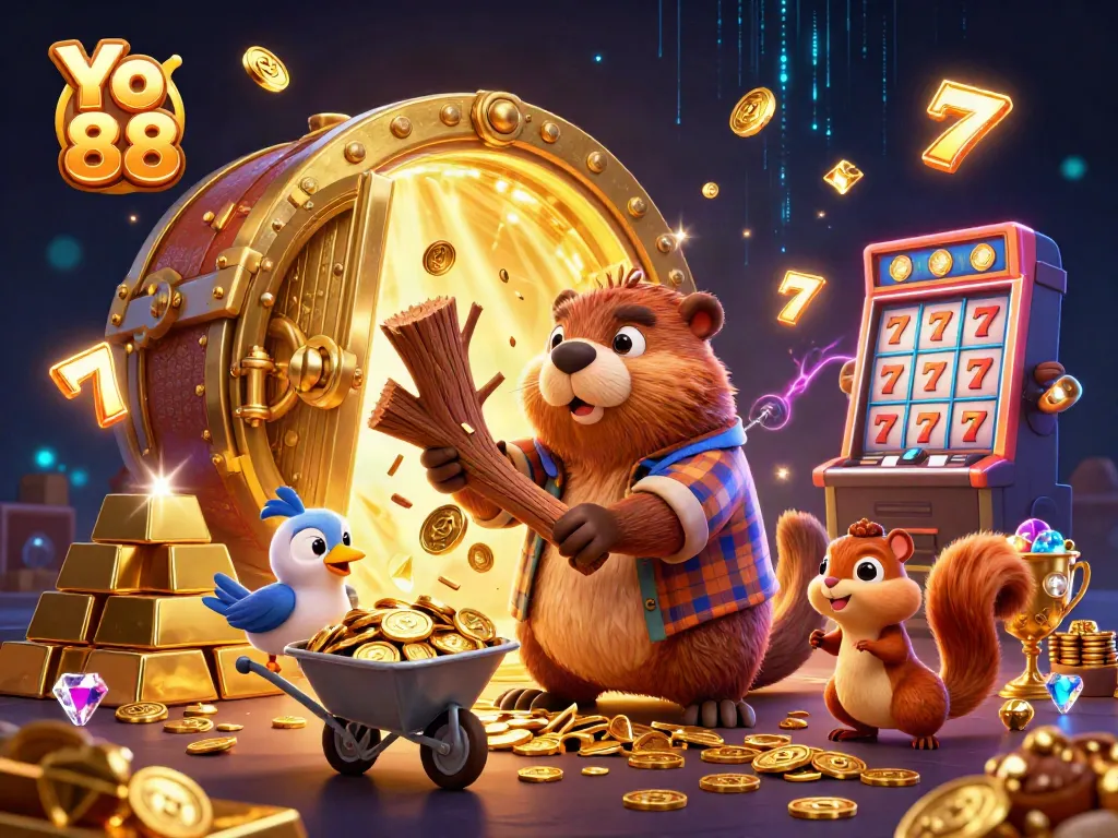 Playful Yo 88 scene with cartoon characters collecting coins while experiencing thrilling moments in a vibrant casino.