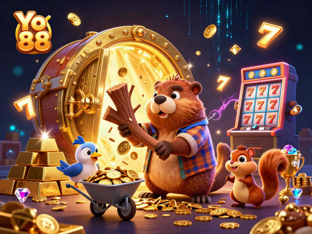 Playful Yo 88 scene with cartoon characters collecting coins while experiencing thrilling moments in a vibrant casino.