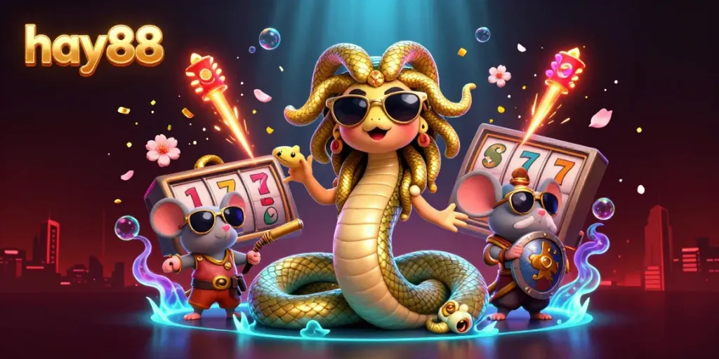 Play classic slots with the lively hay88 brand, featuring adorable characters in a vibrant casino scene.