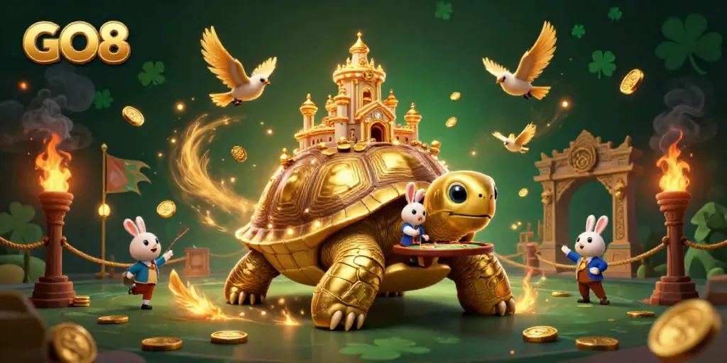 Engage with the GO8 experience featuring vibrant illustrations of a golden tortoise casino, celebrating the spirit of gaming.