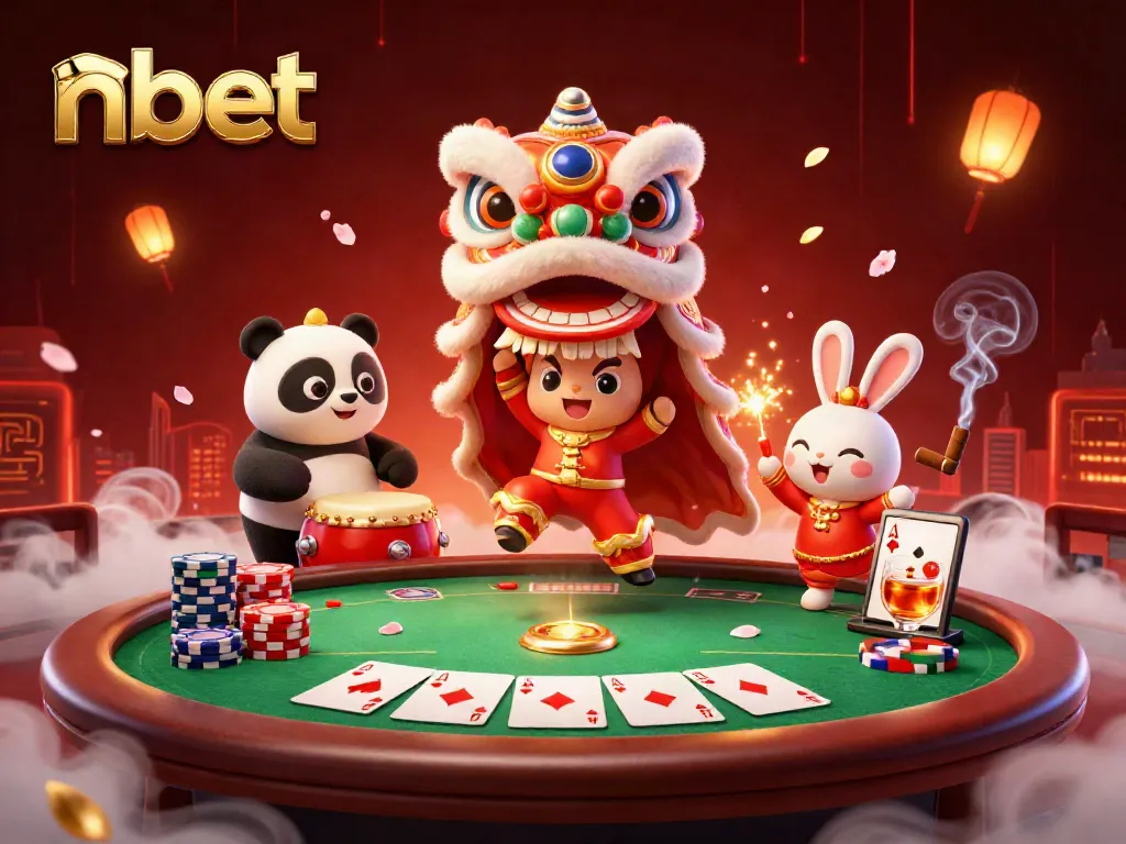 Engage with the vibrant nbet scene of a lion dance and poker action, perfect for casino excitement.