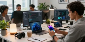 Dynamic workspace showing iPhone 17 in use alongside modern tech gear, emphasizing collaboration and innovation.