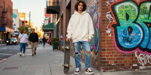 Model wearing an essential hoodie in an urban street fashion scene, showcasing contemporary streetwear style.