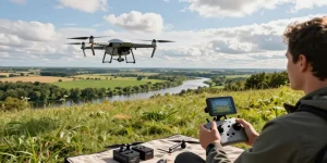 F168 drone hovering above picturesque landscape operated by an experienced pilot, showcasing aerial photography potential.