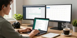Using WhatsApp網頁版 on a laptop in a modern home office setting with vibrant decor.