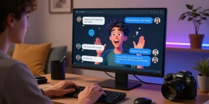 Engaging NSFW AI chat scene with vibrant character interaction and cozy tech setup.