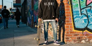 Stylish individual wearing Vlone hoodie in urban street, showcasing trendy streetwear.