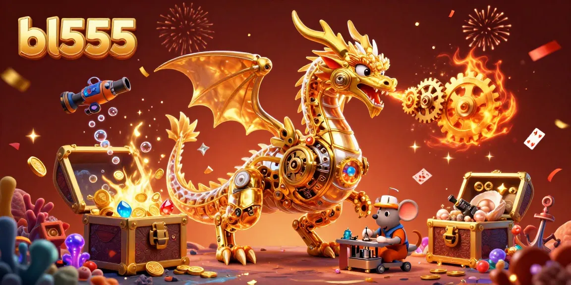 Experience thrilling gaming adventures with bl555, showcased by a vibrant 3D dragon surrounded by dazzling treasures.
