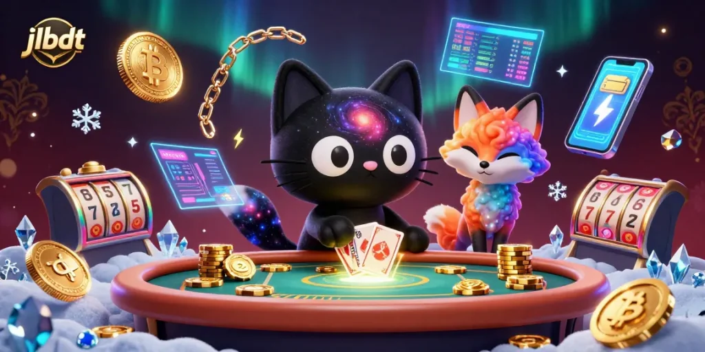 jlbdt showcases a cosmic casino scene with a black hole cat drawing in chips and cards, amidst vibrant cryptocurrency elements.