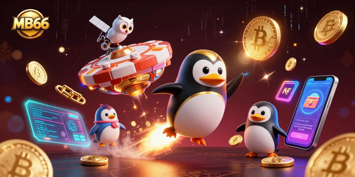 Engage in thrilling gameplay with MB66, featuring dynamic golden penguin and crypto elements in a casino atmosphere.
