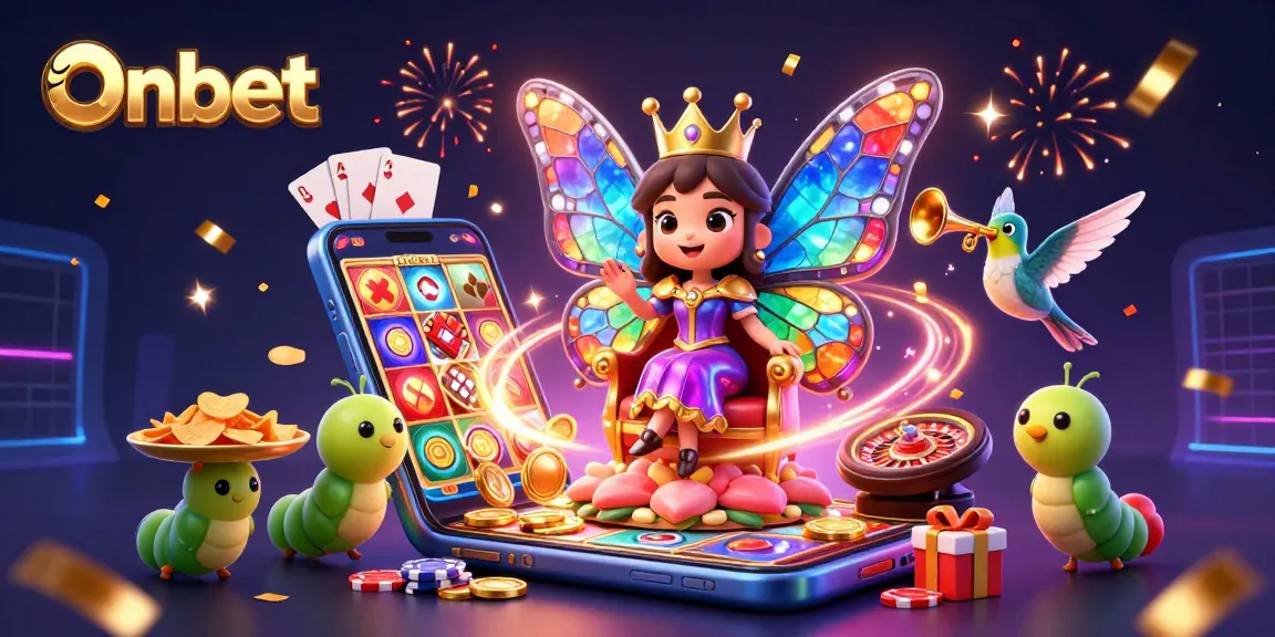 Play slot games and win big with Onbet's vibrant casino illustration featuring dynamic gaming elements.