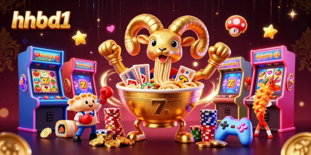 Engaging hhbd1 scene with a golden ramen bowl dealer and vibrant slot game elements.
