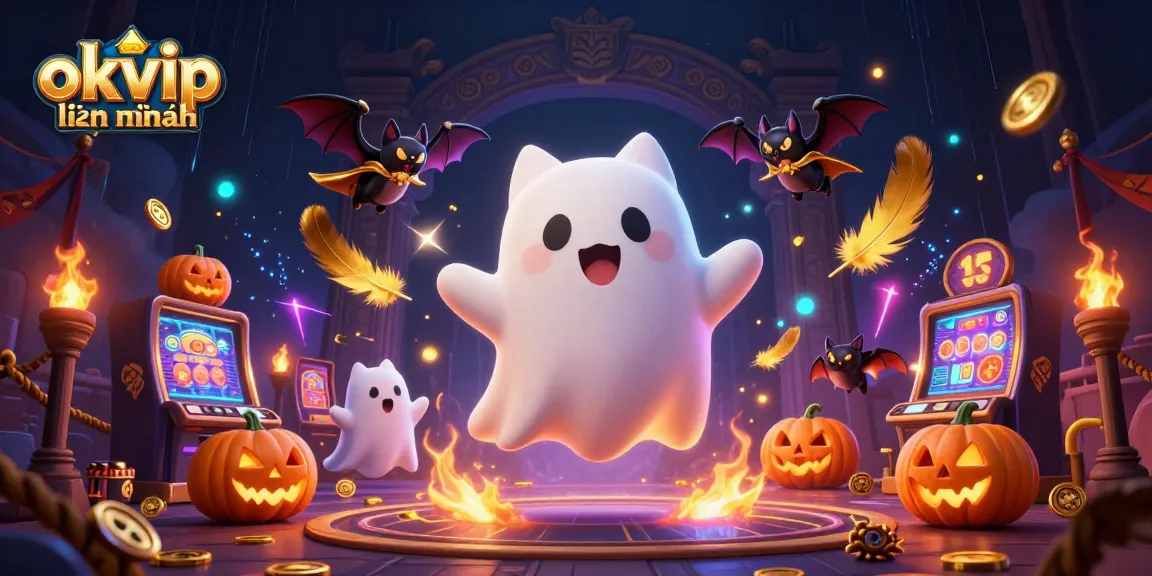 Play exciting games at okvip liên minh's vibrant haunted casino featuring a ghost cat, glowing jack-o-lanterns, and dynamic elements.