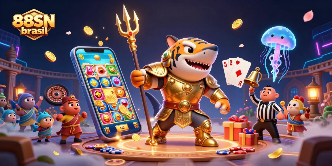 Experience thrilling gameplay at 88SN brasil with vibrant casino elements, showcasing a shark gladiator and dynamic gaming features.