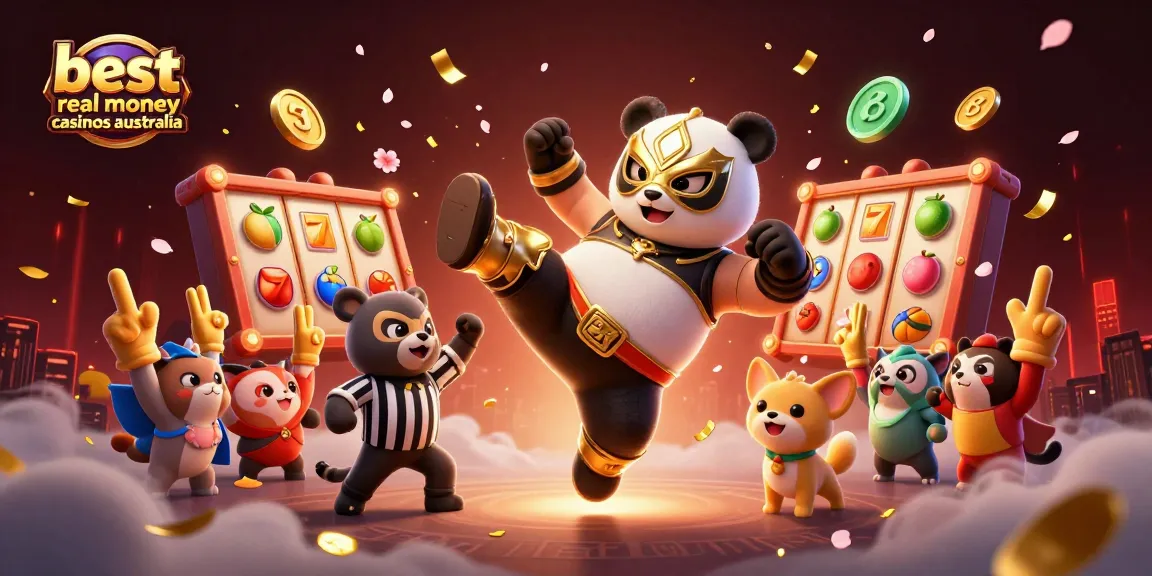 Engage with the best real money casinos Australia through vibrant illustration featuring a wrestler panda