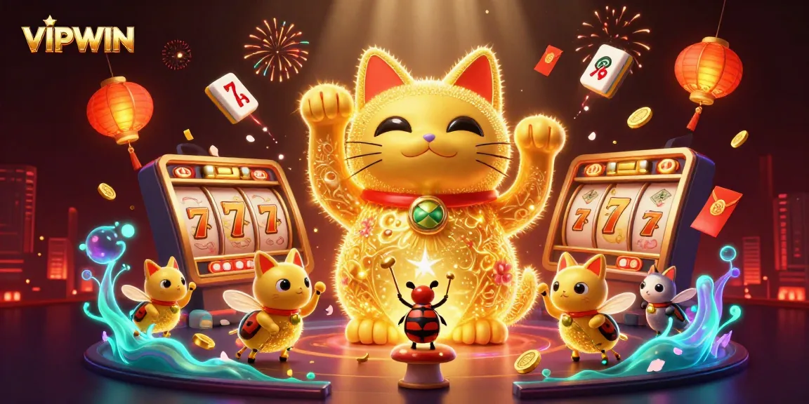 Engage with VIPWIN's dynamic gaming scene featuring a golden lucky cat and vibrant casino elements.
