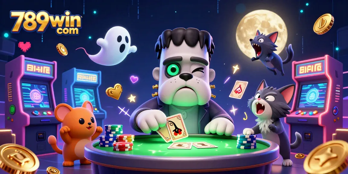 Engage with thrilling games at 789win com, where a playful Frankenstein bulldog dealer and friends create vibrant casino excitement.