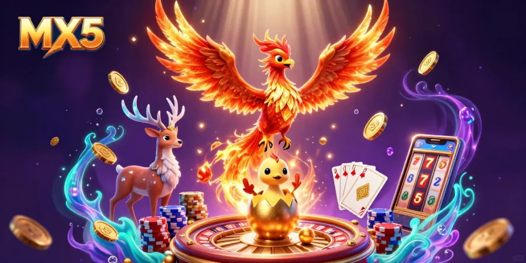 Experience the excitement at MX5 with a vibrant casino-themed scene featuring slot machines and golden rewards.