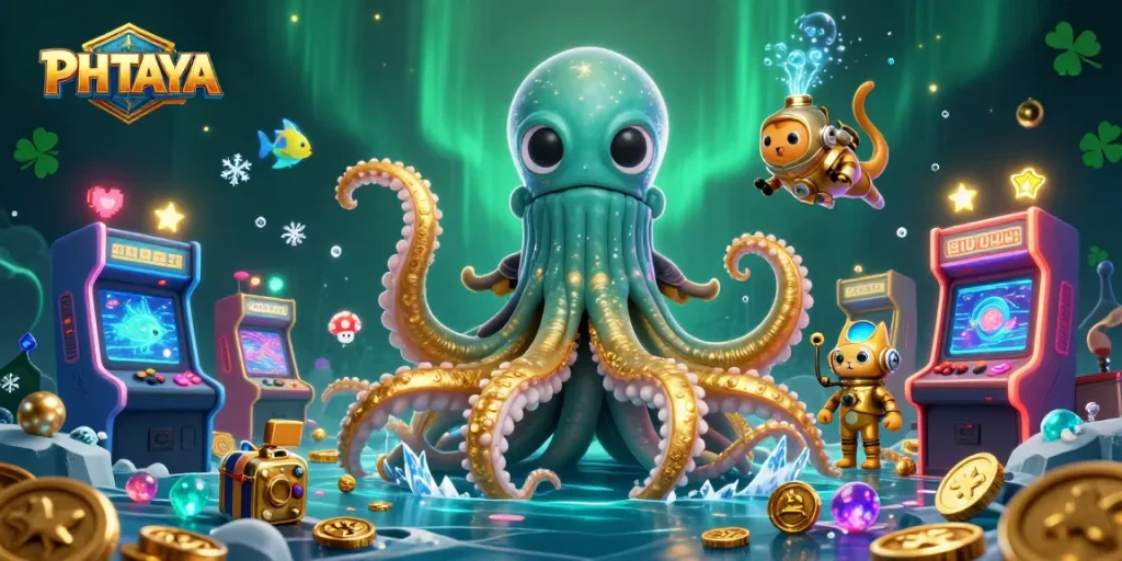 PHTAYA enhances excitement with a kraken and diving cat exploring a treasure-filled casino landscape.