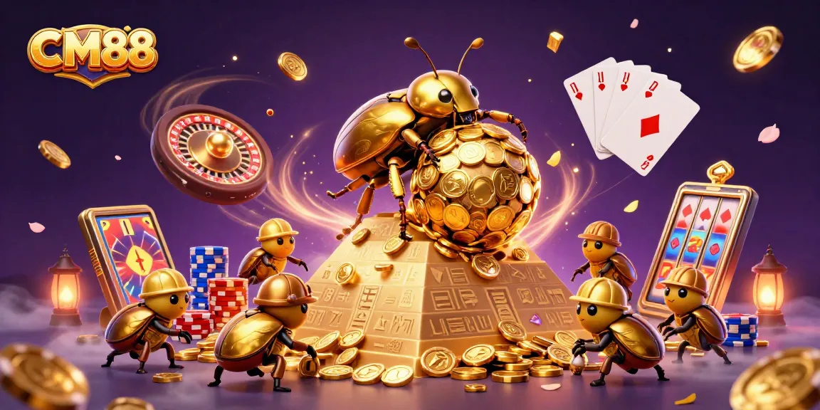 CM88 welcomes players with a vibrant casino scene featuring a golden dung beetle and treasures.