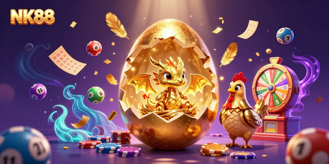 Experience thrilling gaming adventures at NK88 with an ultra-detailed illustration of a golden egg and dragon on poker chips.