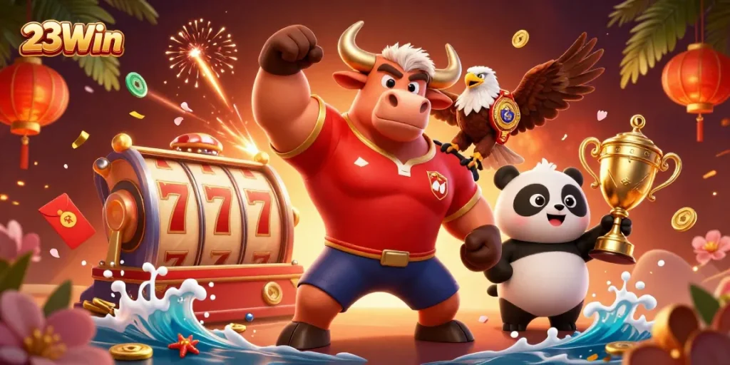 Win big with 23Win's exciting gaming scene featuring slot reels and vibrant characters.